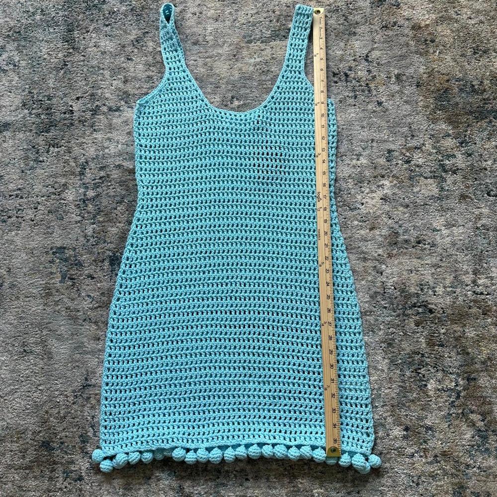 Burberry Blue Crochet Pom-Pom Trim Mini Dress Cover-Up NWT Womens M Beachy Boho - Picture 9 of 9
